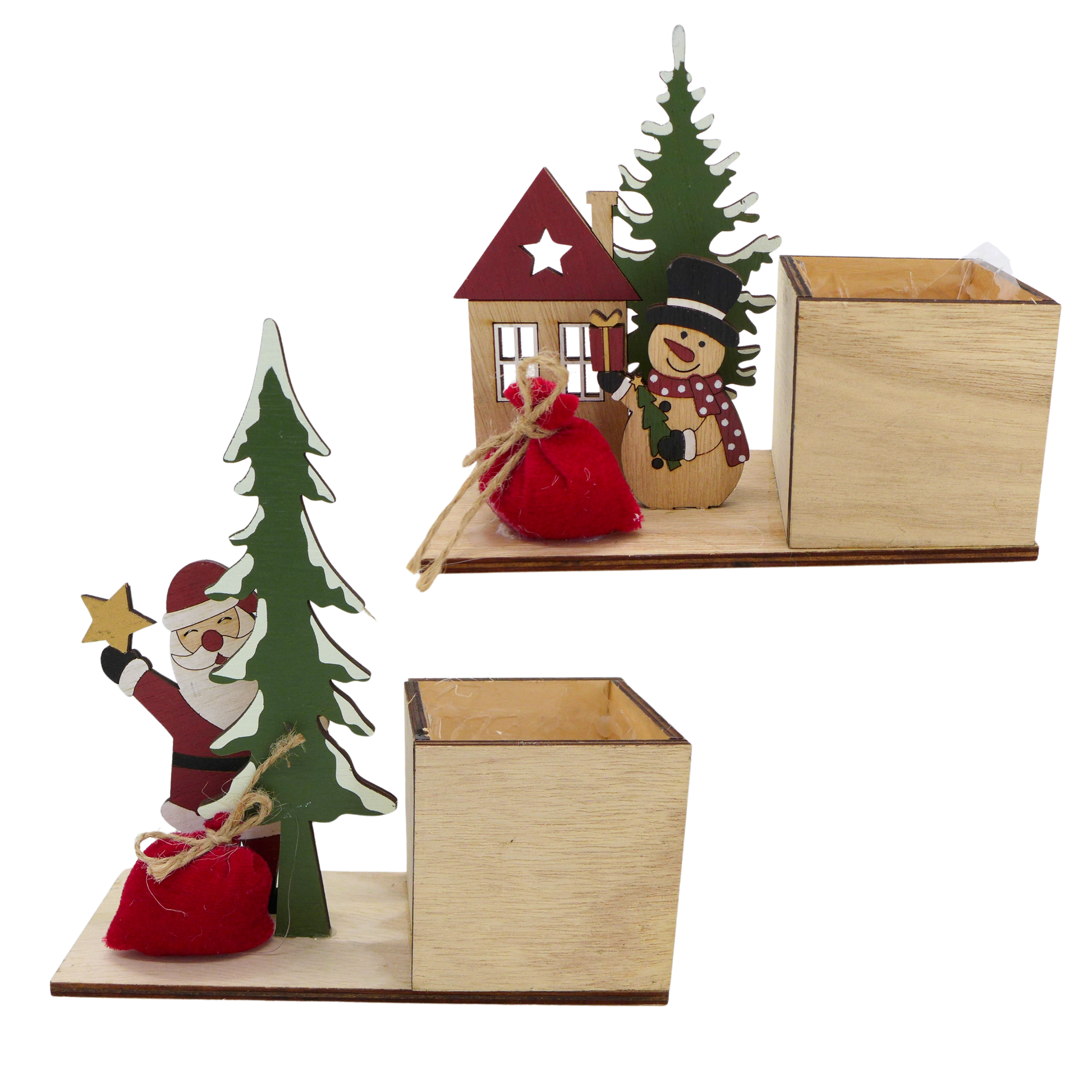 Cache-Pot Bois Père Noël & Bonhomme de Neige